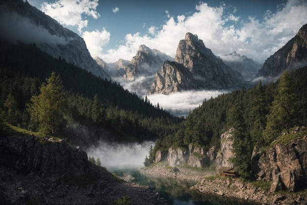 Schöne Aussicht auf Wald und Fluss mit Sonnenuntergang und leichtem Nebel