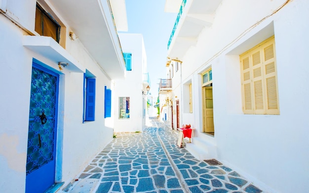 Schöne Aussicht auf weiße Gebäude entlang der steinigen griechischen Straße