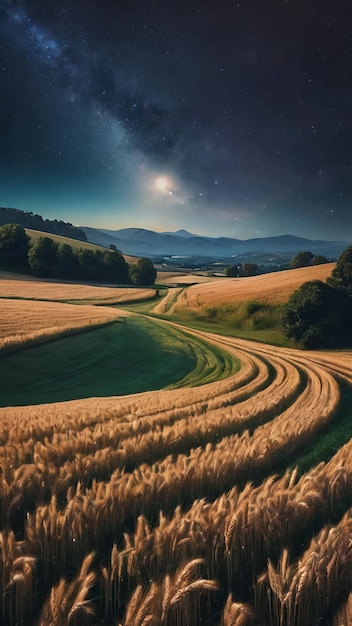 Foto schöne aussicht mit sternenhimmel mitten in weizenfeldern