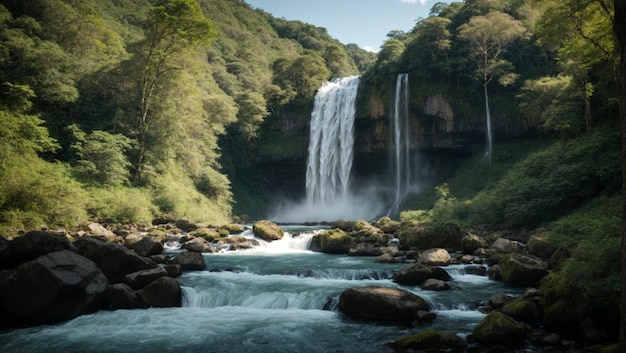 Schöne Aussichten auf den Wasserfall, umgeben von dichtem Wald. Das Wetter war sehr klar mit blauem Himmel.