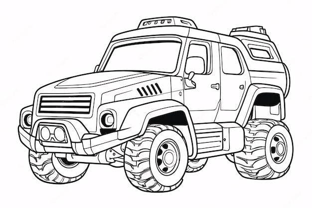 Schöne Auto-LKW-Fahrzeuge mit großen Rädern Handgezeichnetes Kawaii-Kindermalbuch-Illustration