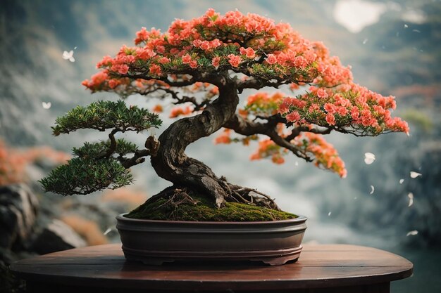 Foto schöne azalea-pflanze im topf bonsai-blumenbaum