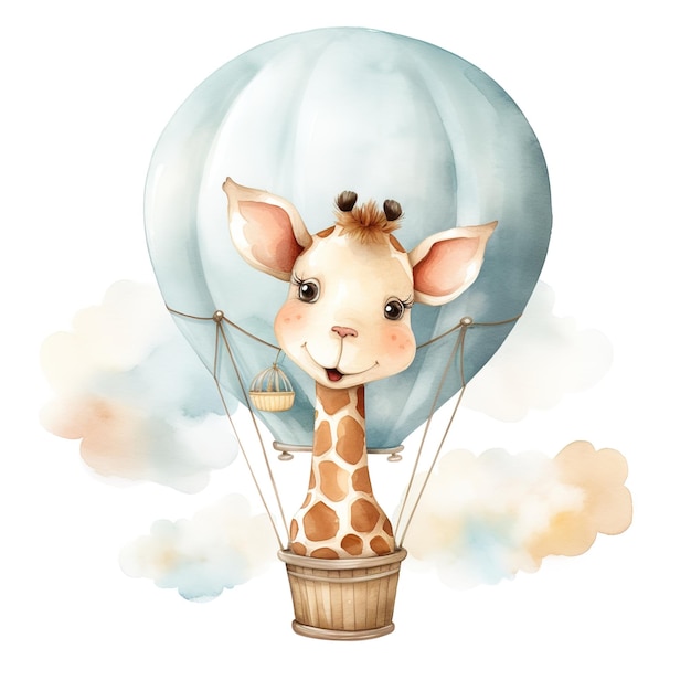 Schöne Baby-Giraffe im Heißluftballon Aquarell-Clipart für die Dekoration des Kindergartens zum Geburtstag des Babys