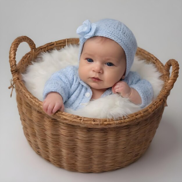 Foto schöne baby-mädchen mit weißer one-sie in einem wickelkorb mit weichem futter