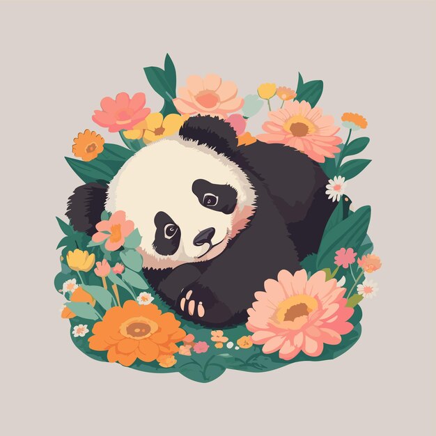 Schöne Baby-Panda in Blumen Illustration generative ai