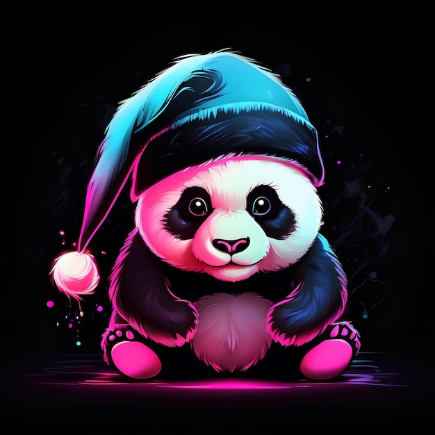 Schöne Baby-Panda mit Weihnachtsmannshut Neonmalerei auf dunklem Hintergrund Weihnachten- und Neujahrskonzept