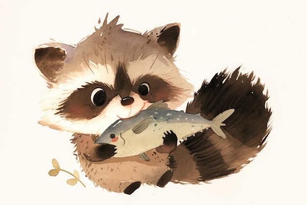 Schöne Baby-Raccoon mit einem Fisch Aquarell-Illustration