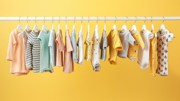 Schöne Babykleidung hängt auf einem Regal vor gelbem Hintergrund