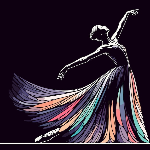Schöne Ballerina in einem langen, eleganten, farbenfrohen Kleid. Vektorillustration-Ballettkünstler-Grafik