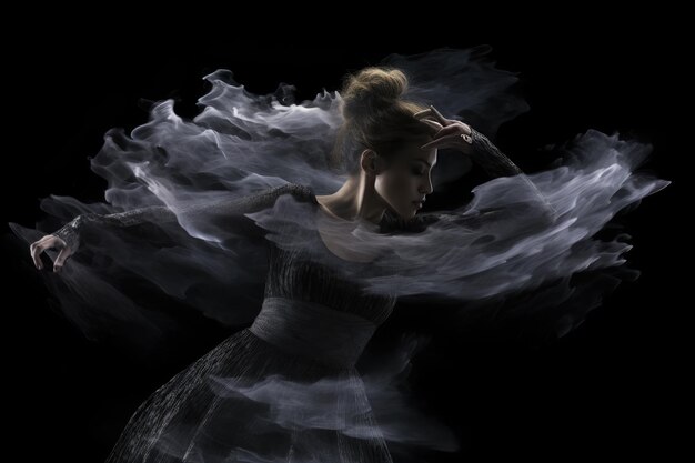 Schöne Ballerina tanzt im Studio in magnetischem Pulver und Rauch, erzeugt von KI.