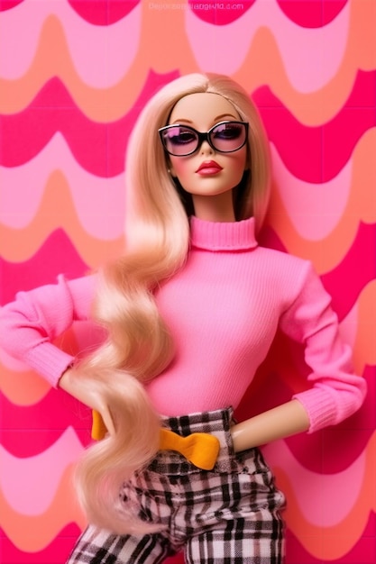 Schöne Barbie-Puppe, die ein Trendy-Outfit aus der Palette der Barbiecore-Kollektion modelliert