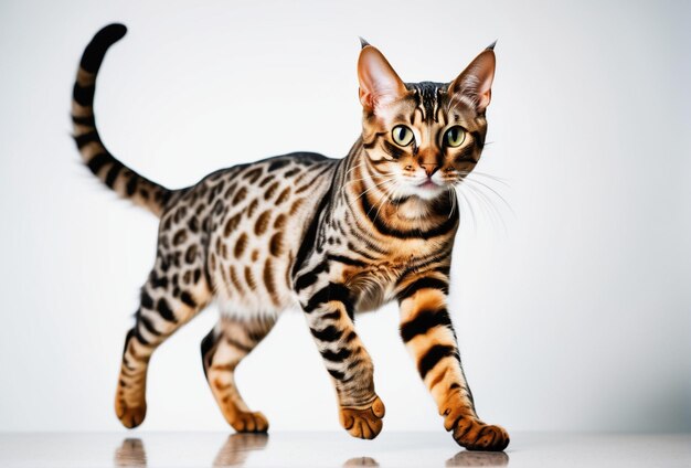 Foto schöne bengalische katze auf weißem hintergrund