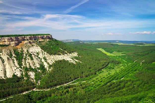 Schöne Berglandschaft mit blauem Himmel und grünen Feldern