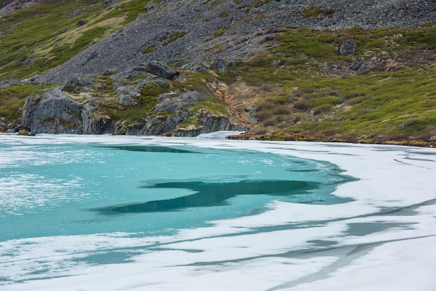 Schöne Berglandschaft mit gefrorenem Wasser im Alpensee zwischen Felsen Naturhintergrund des eisigen Bergsees Gefrorene alpine Textur Natürliche Kulisse der Eiswasseroberfläche Gefrorener See aus nächster Nähe