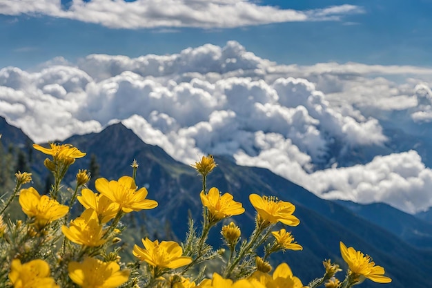 Schöne Berglandschaft Tapete mit Blumen und Wolken Foto