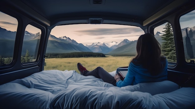 Schöne Bergszene und Camper-Mädchen lesen ein Buch in der Wohnwagen