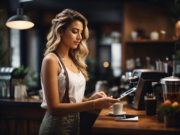 Schöne Besitzerin steht hinter der Theke eines Cafés. Ein Barista mit einem digitalen Tablet