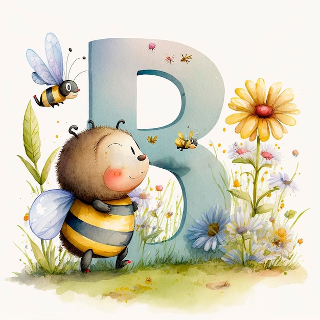 Schöne Biene und der Buchstabe B Erkundung der Natur und Erlernen des Alphabets Aquarell-Illustrationen für Kinder