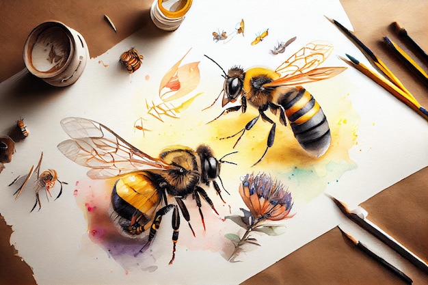 Schöne Bienenaquarellillustration gemacht mit generativer ai