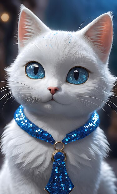 Schöne blauäugige Katze mit süßem Modeaccessoire, die in die Kamera schaut