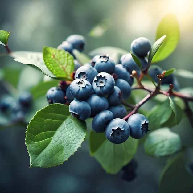 Schöne Blaubeerbeeren mit Blättern auf natürlichem Waldhintergrund