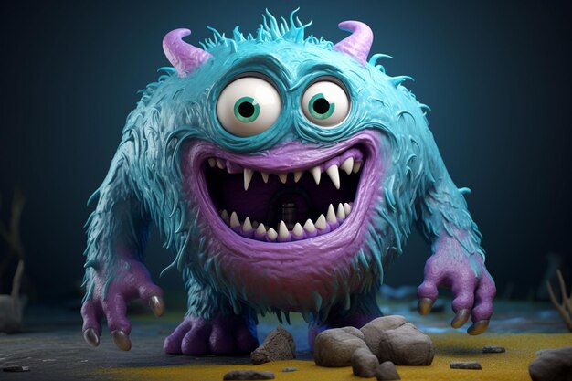 Schöne blaue Fan Angry Cartoon-Monster auf orangefarbenem Hintergrund 3D-Rendering iurry Monster 3D-Cartoon-Figur