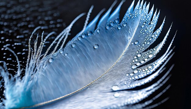 Foto schöne blaue feder mit wassertropfen auf schwarzem hintergrund in nahaufnahme