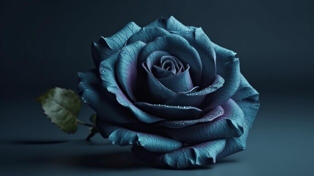 Schöne blaue Rose mit Wassertropfen auf Blütenblättern auf schwarzem Hintergrund. Generative KI