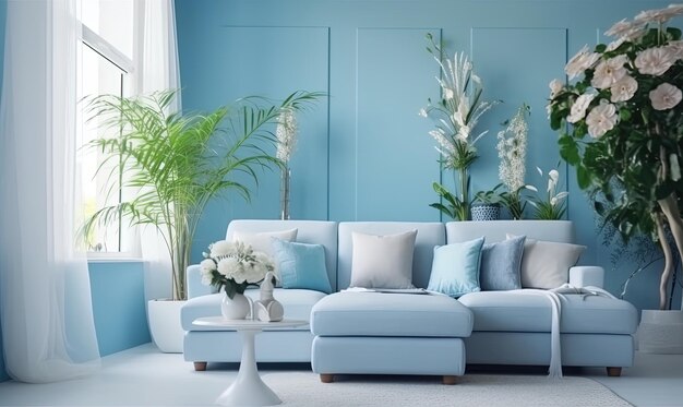 Schöne blaue Sofa-Mockup-Heimdekoration Wohnzimmer kostenloses Foto