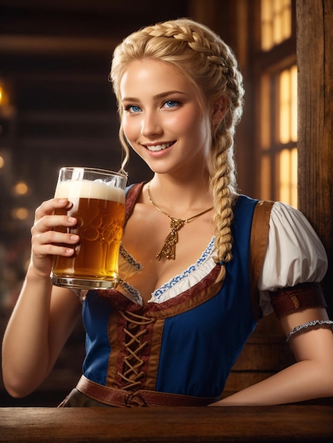Schöne blonde Barmaid mit kaltem Bier Oktoberfest