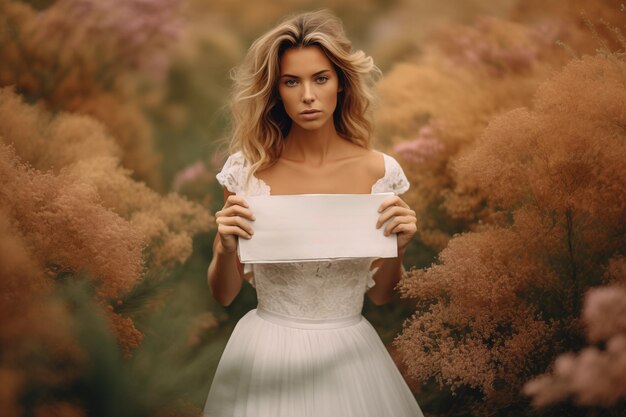 Schöne blonde Braut mit weißem Kleid hält eine leere Notiz