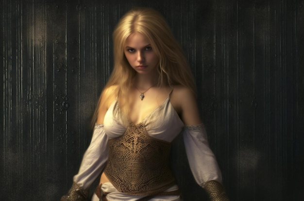 Schöne blonde Frau im Bild eines mittelalterlichen Kriegers auf dunklem Hintergrund