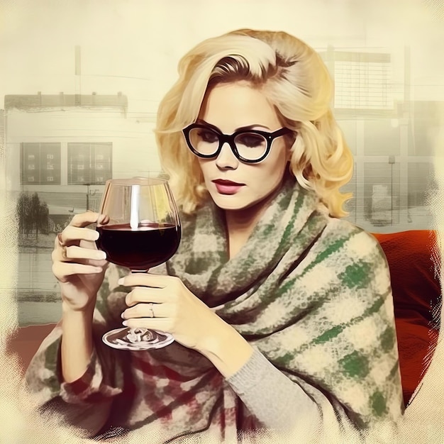 Schöne blonde Frau mit Weingläsern in einer kalten Wolldecke zu Hause