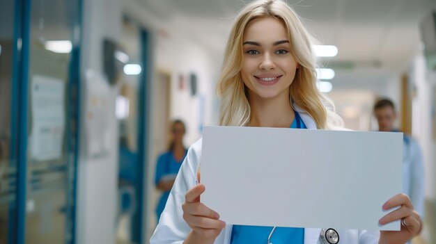 schöne blonde Krankenschwester mit einem leeren weißen Banner oder Papier vor der Kamera