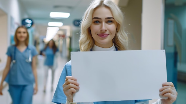 Foto schöne blonde krankenschwester mit einem leeren weißen banner oder papier vor der kamera