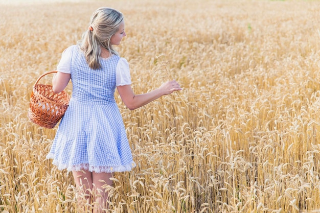 Foto schöne blondine mit einem korb reißt weizen auf dem feld