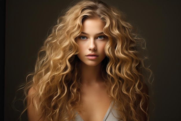 Schöne Blondine mit Locken Luxuriöses lockiges helles Haar