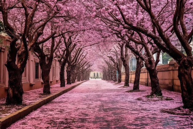 Schöne blühende Gasse im Frühling in Rosa