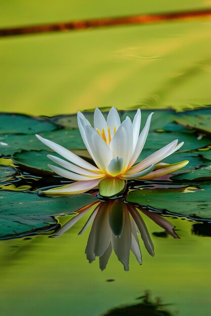 Schöne Blüte einer weißen blühenden Wasserlilie auf dem Wasser zwischen den Blättern