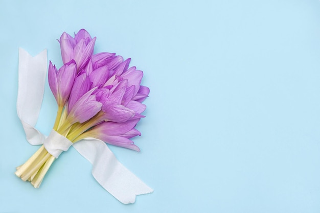 Schöne Blumen auf blauem Hintergrund. Platz für Text und Glückwünsche