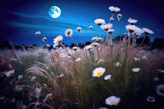 Schöne Blumen auf dem Feld in der Nacht auf dem Hintergrund der generativen Vollmond-KI