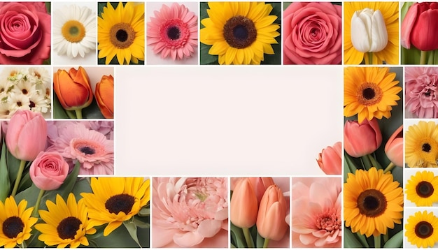 Schöne Blumen Collage Muster Rosen Tulpen Gerberas Sonnenblumen Gänseblümchen