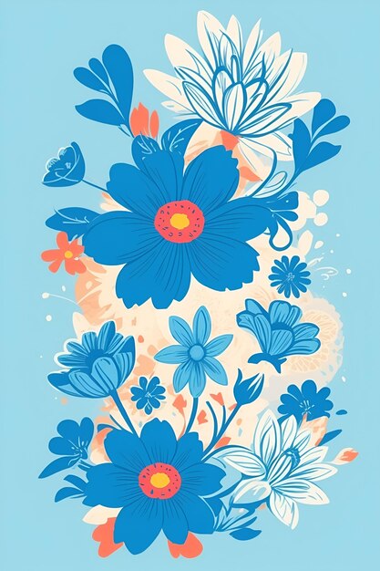 Schöne Blumen Illustration vertikale Zusammensetzung im blauen Ton