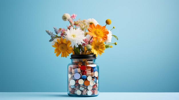 Foto schöne blumen in einem glaskrug vor einem weichen blauen hintergrund