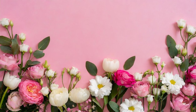 Schöne Blumen und Blätter auf rosa Hintergrund Kopierraum Blumenrand Natur und Sommerpflanzen