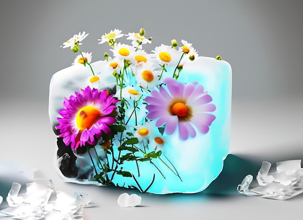 Schöne Blumen und ein Klecksobjekt sind in einem Eisblock isoliert auf warmgrauem Hintergrund eingefroren
