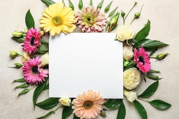 Schöne Blumen und grüne Blätter als Blumenrahmen und Papierkarte auf hellem Hintergrund