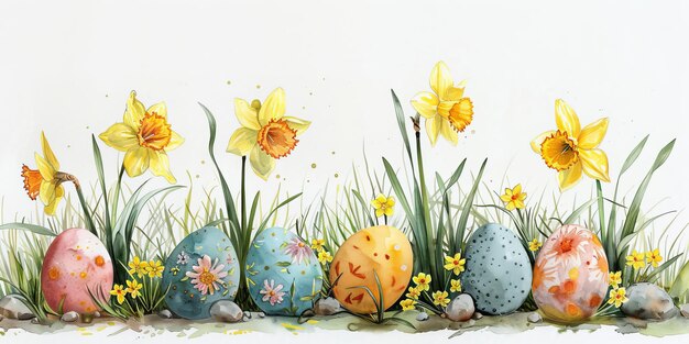 Schöne Blumen und Ostereier auf Frühlings-Hintergrund mit Kopierraum Aquarell