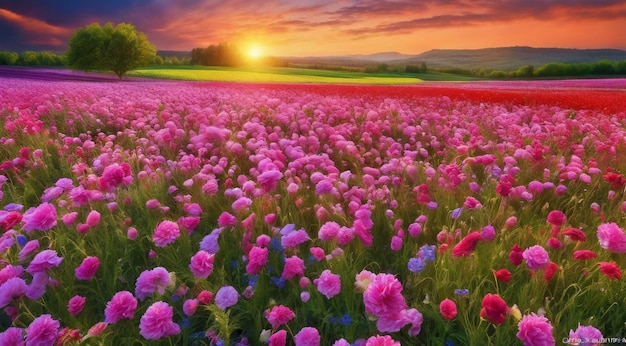 Foto schöne blumenfelder sommerszene schöne blüten auf dem feld grüne natur panoramablick