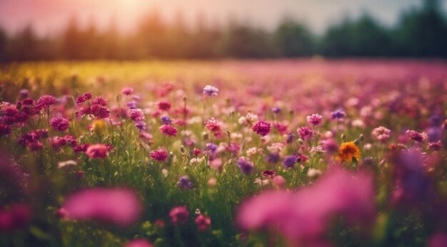schöne Blumenfelder Sommerszene schöne Blüten auf dem Feld grüne Natur Panoramablick